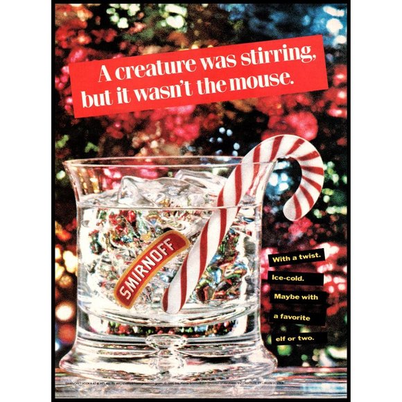 1990 Smirnoff Vodka Candy Cane Christmas Vintage Print Ad Lights Elf Wall Art - Picture 1 of 1